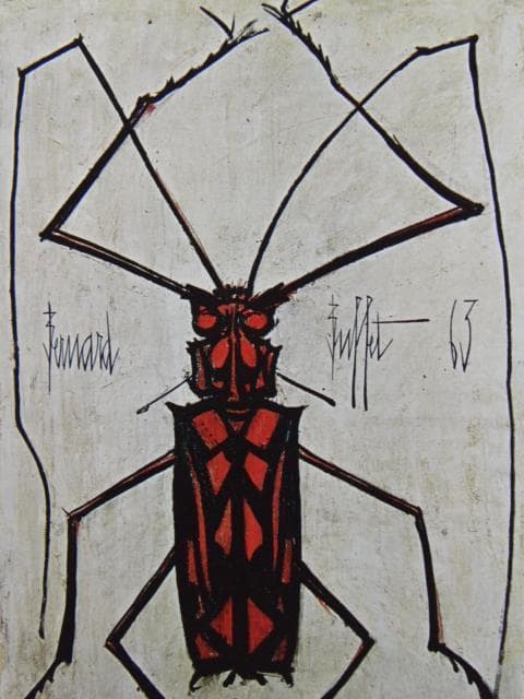 ベルナール・ビュッフェ、赤い昆虫、希少な額装用画集より、新品高級額装付