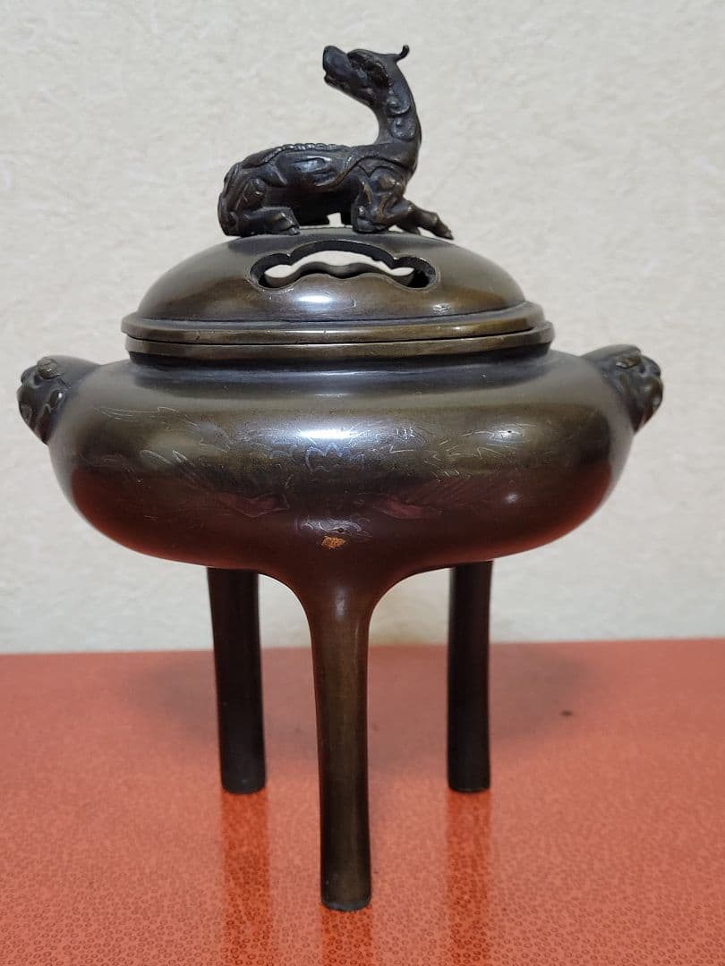 明治期 極上 宣徳銅製 麒麟摘蓋金銀象嵌鳳凰図 三足高足 香炉煎茶道具中国古玩