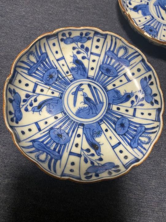 中国古美術品　明代成化年製　芙蓉手　染付(青花)花鳥文盤 茶托4客　皿