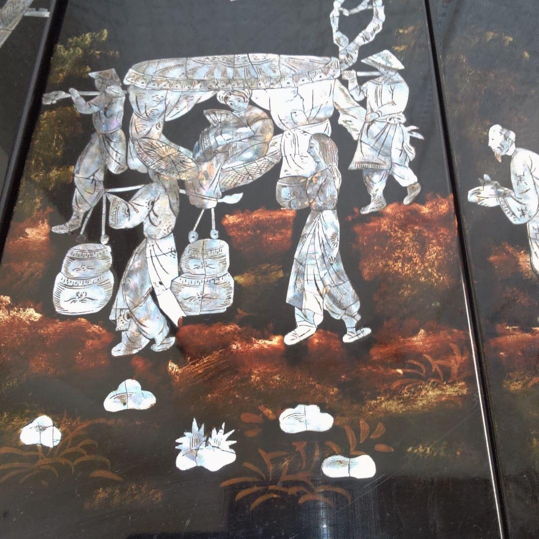 骨董４手彫り漆器 伝統的農村風景 4枚セット