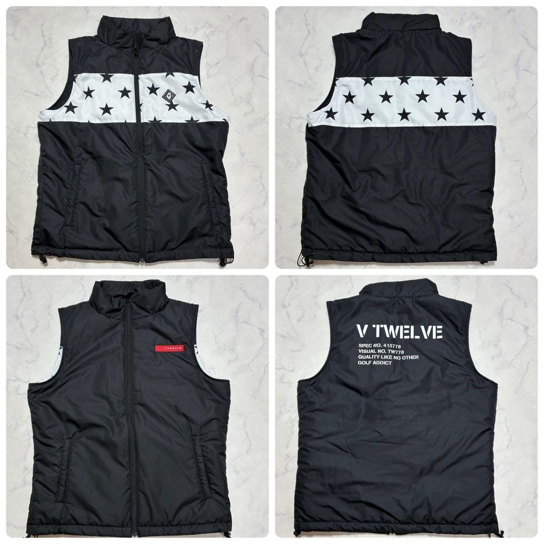V12 ゴルフ リバーシブル 中綿ベスト ブラック 星柄 サーモライト メンズL