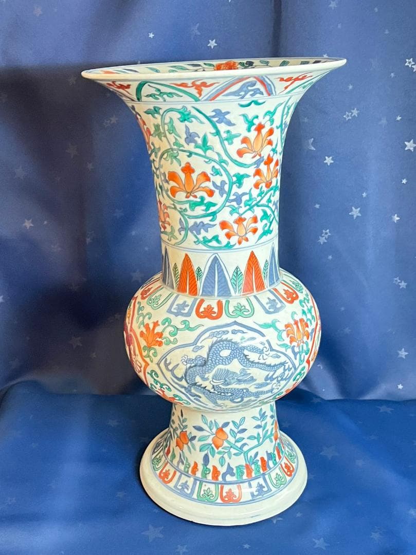 中国古玩 大明萬暦年製 彩色雲龍紋花瓶 花器 花生 高さ約42.3cm 時代物