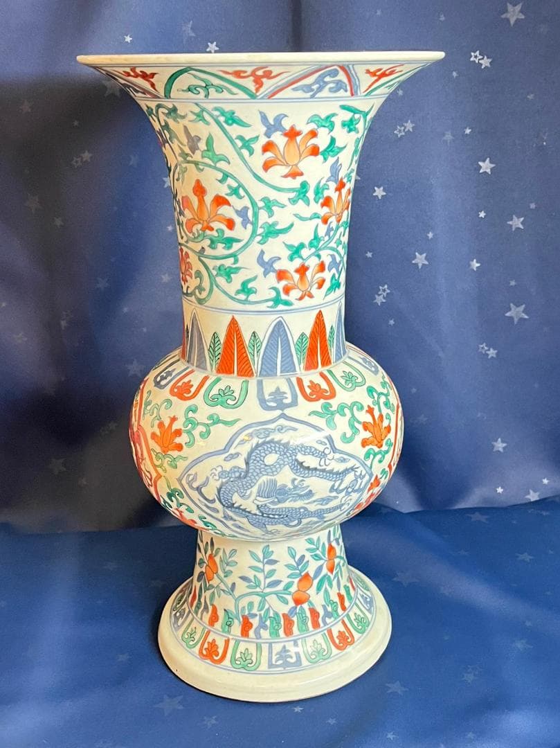 中国古玩 大明萬暦年製 彩色雲龍紋花瓶 花器 花生 高さ約42.3cm 時代物