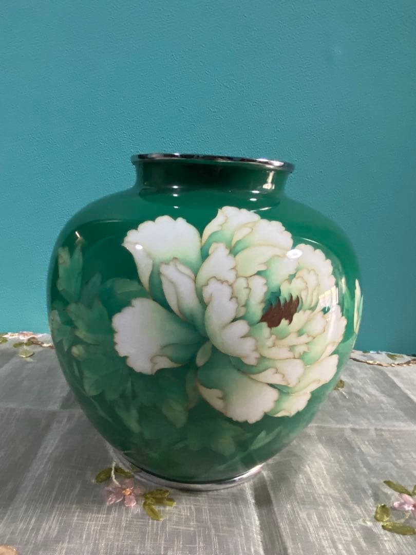 七宝焼花瓶　グリーン牡丹　20cm