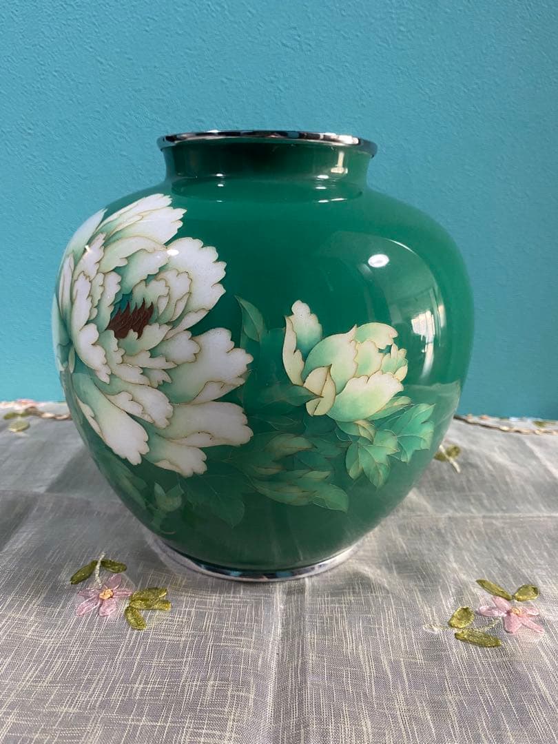 七宝焼花瓶　グリーン牡丹　20cm