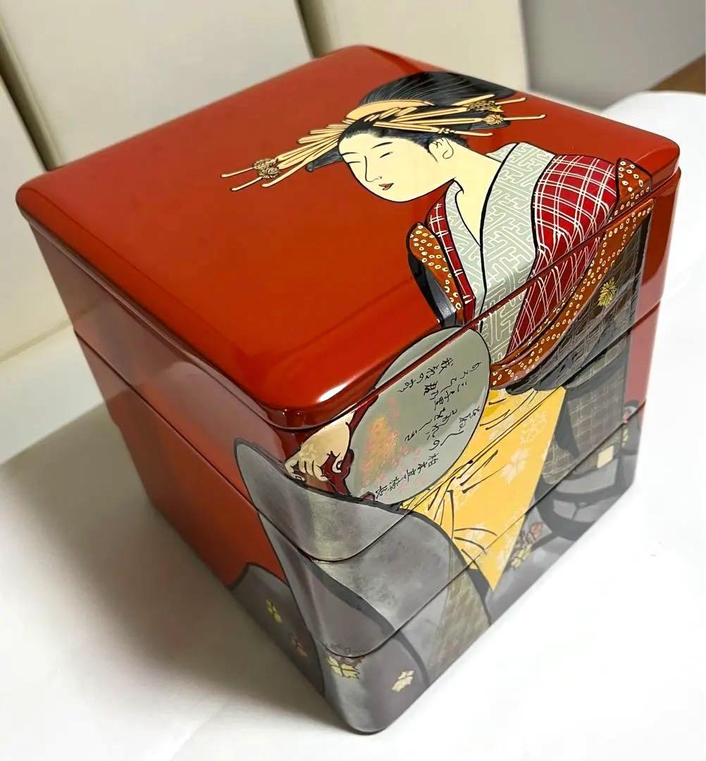 会津塗 木製三段重 朱漆 浮世絵 手書 蒔絵 うるし絵・会津絵　珍品
