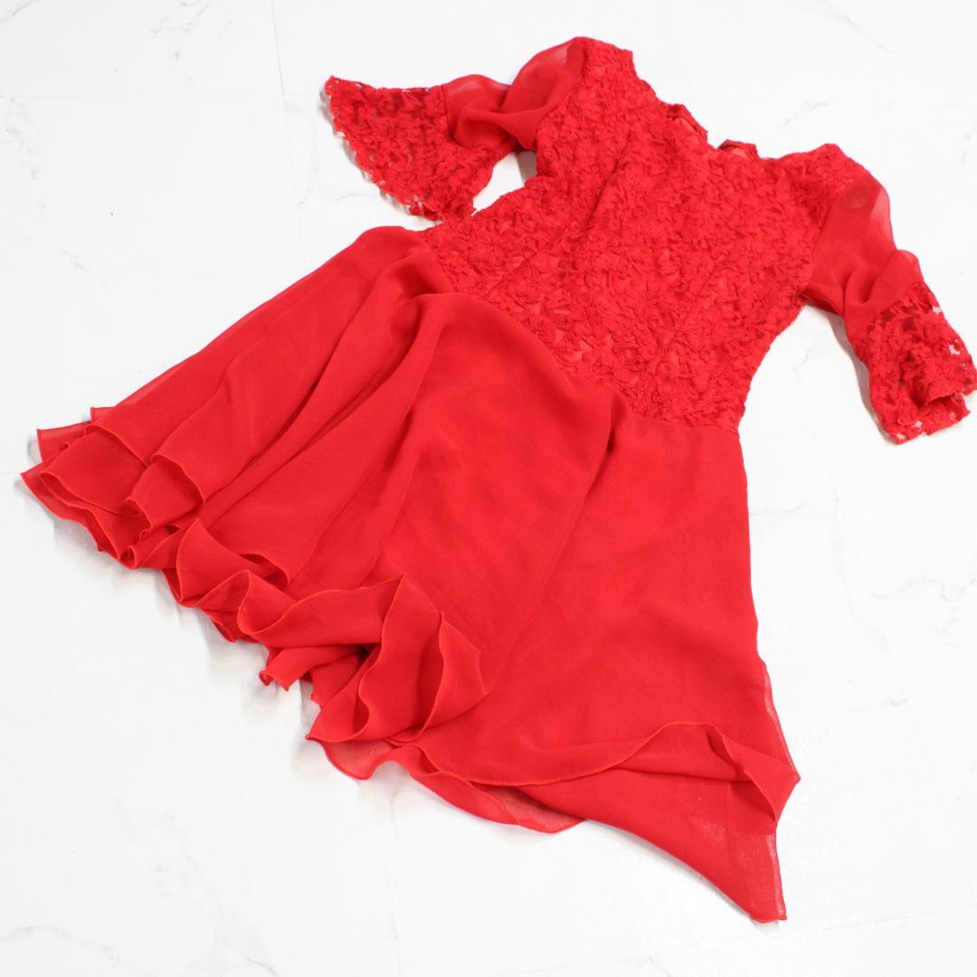 【美品 社交ダンス衣装】ワンピース ドレス ラテンドレス 赤 レッド フリー