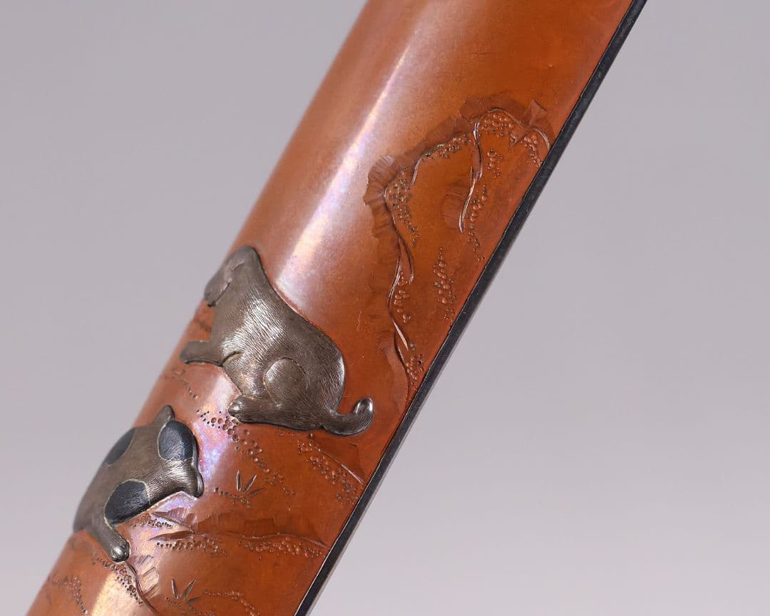 【MB20】煎茶道具 杉本儀助(作) 素銅内銀張 高肉象嵌 仔犬 茶合 金工