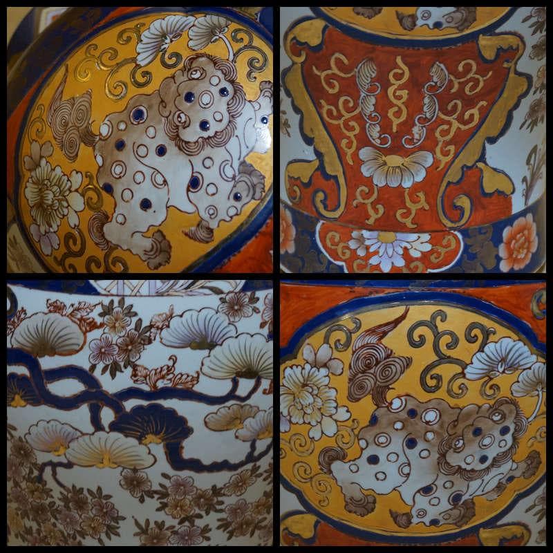 時代伊万里焼 金欄手様式手描き金彩色絵『獅子花唐草牡丹図』窓絵大型沈香壺 飾り壷