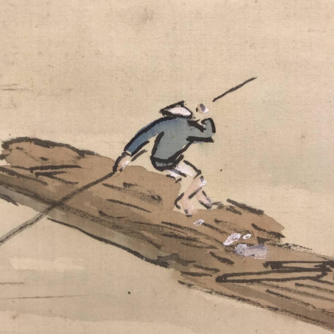 【真作】小山春翠/桜花筏下り図/山水図/春景山水図/掛軸/名家伝来/AD-913