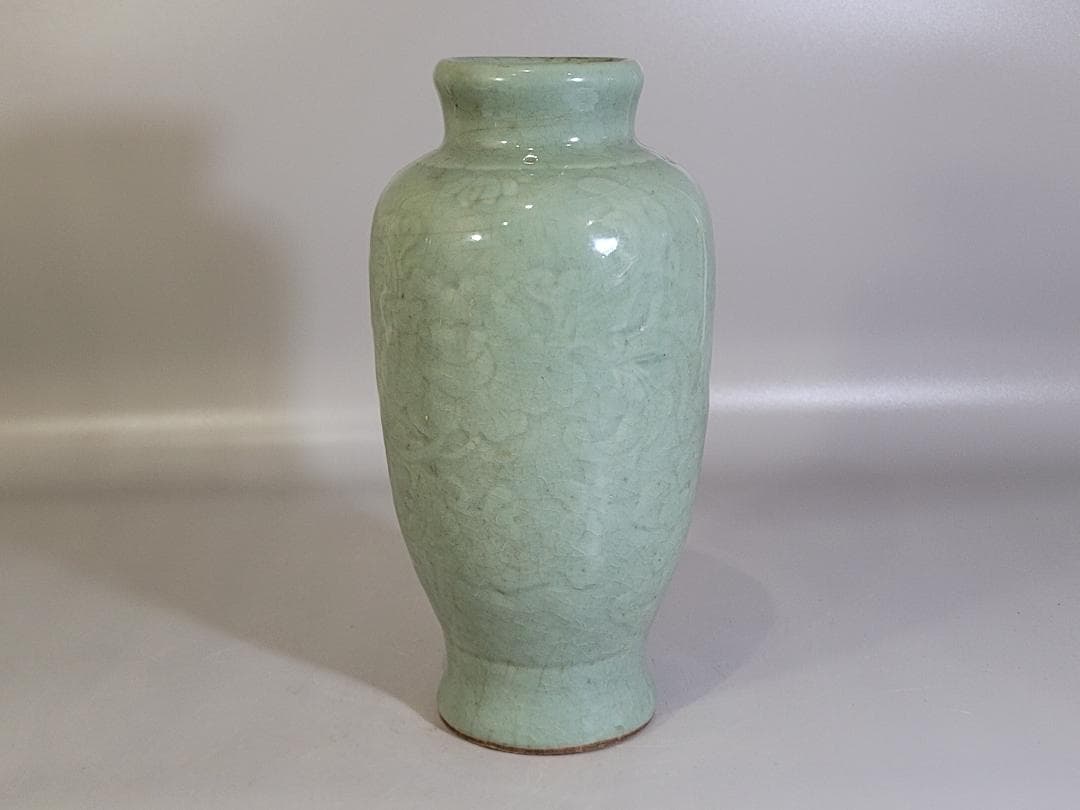 古美術 中国 七官青磁 纏枝蓮花紋 花瓶 茶道具伝来