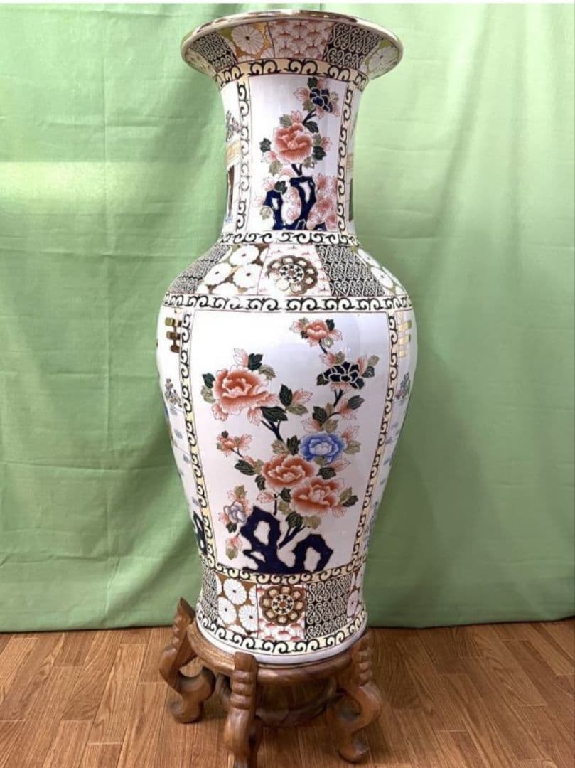 【超特大 美品】台付 高さ111cm 重量12.6kg 金彩花牡丹美人画 薩摩焼