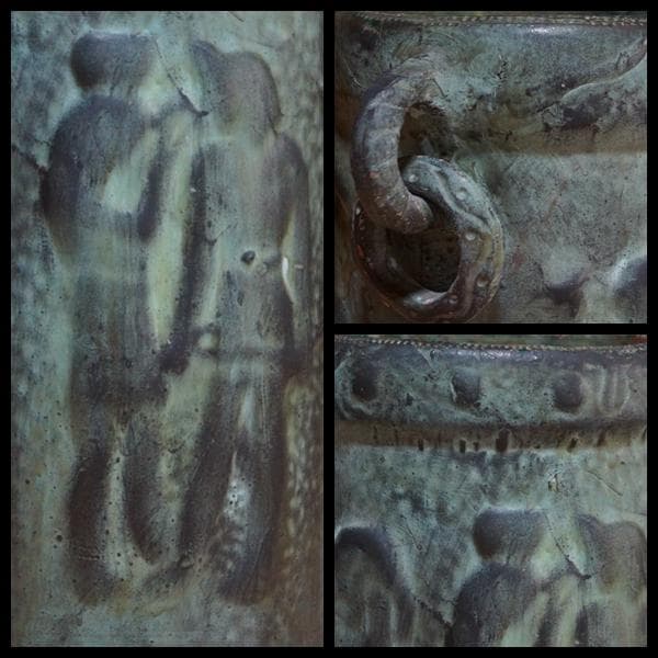 スペイン製 陶器製 細工浮彫『古代エジプト壁画風』大型造形飾り壺 双耳飾り壺