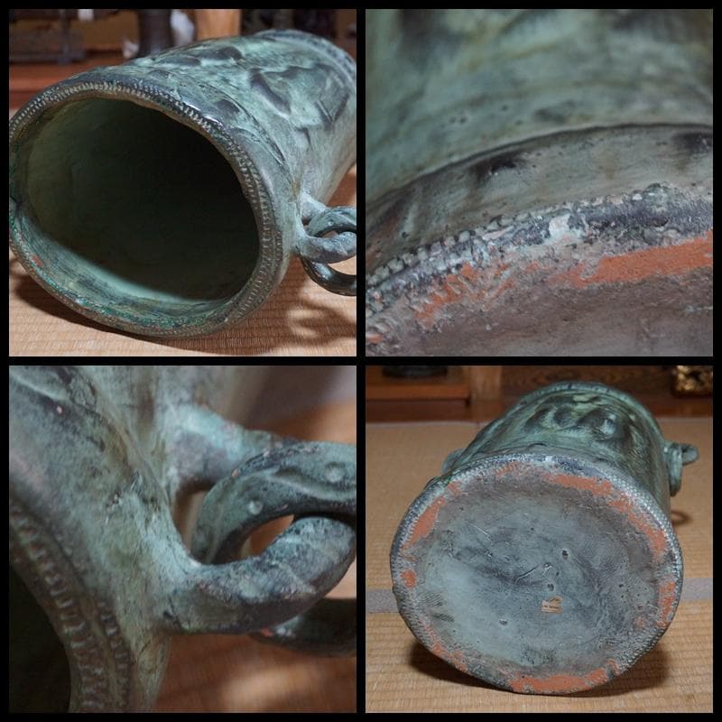 スペイン製 陶器製 細工浮彫『古代エジプト壁画風』大型造形飾り壺 双耳飾り壺