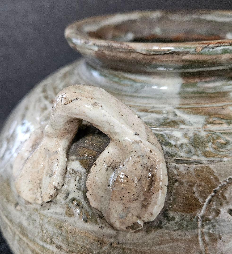 【李朝コレクター放出品❗】李氏朝鮮時代　粉青沙器　丸に鳥　花三島　双耳　壺　花入