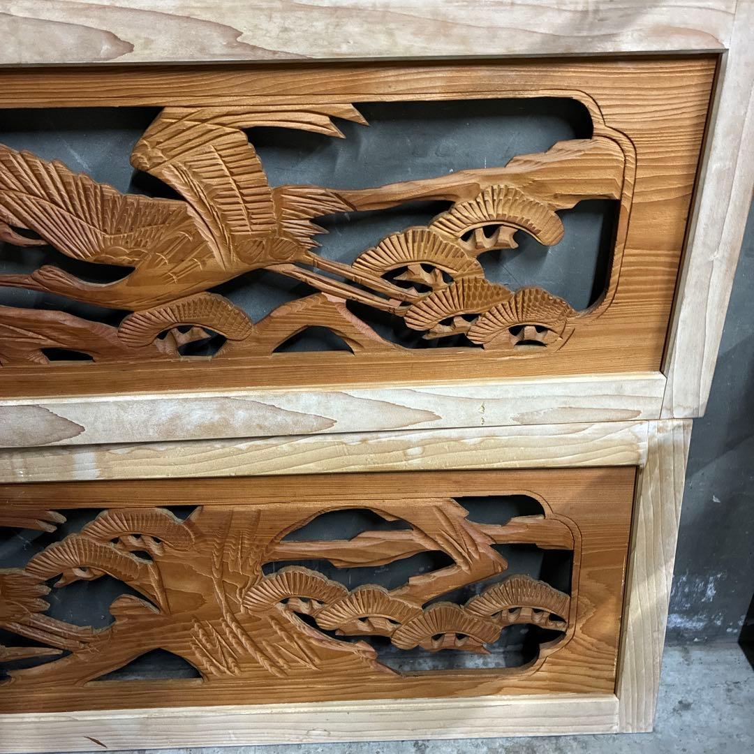 昭和レトロ 木製 2枚セット 欄間 鶴 松 木製彫刻 両面