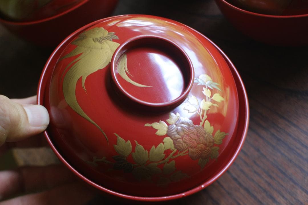 絵柄選択可！時代朱漆に優美な絵替風物蒔絵の映えるお椀8点（検輪島塗蒔絵椀