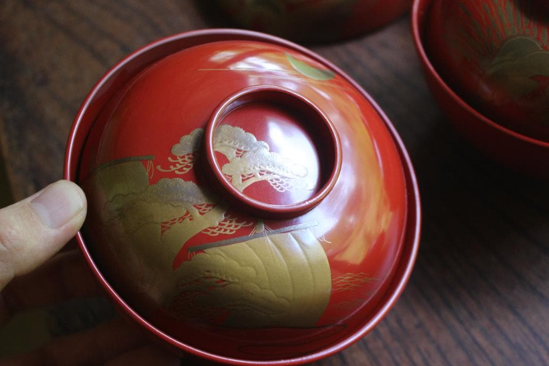 絵柄選択可！時代朱漆に優美な絵替風物蒔絵の映えるお椀8点（検輪島塗蒔絵椀