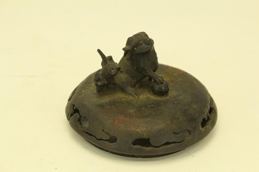 古銅 獅子蓋 香炉 時代物(A975)