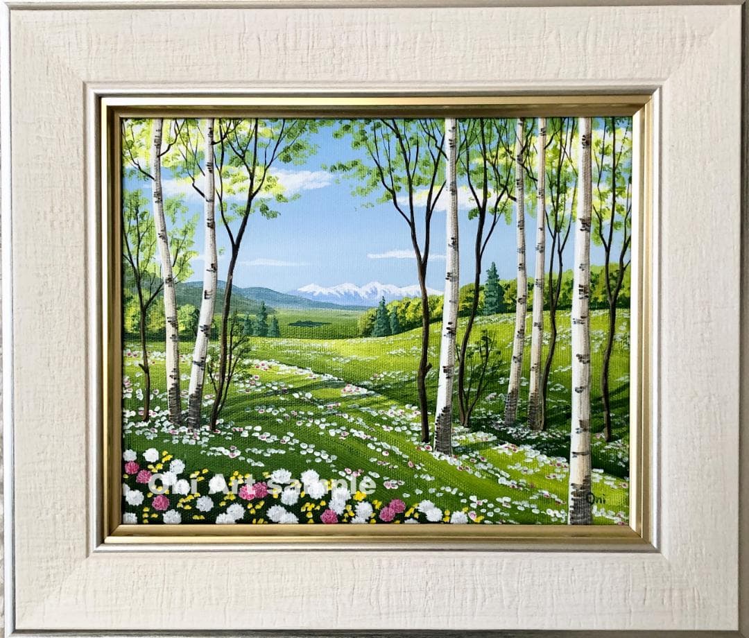 アクリル画　原画　「シロツメクサの咲くフィールド02」額縁付　F3キャンバス