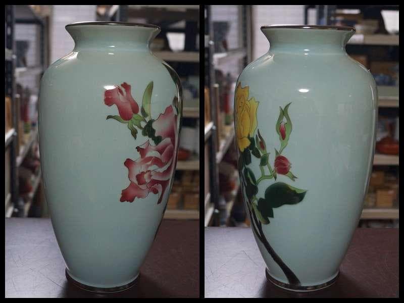 安藤七宝店 黒翠七宝『薔薇文』有線七宝花瓶 高さ31㎝★美品★