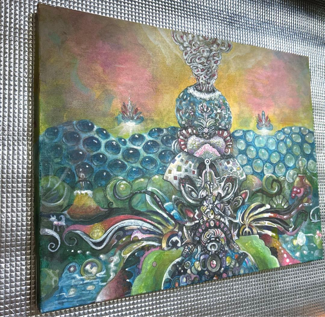 クジャクと地球　アクリル画　絵画