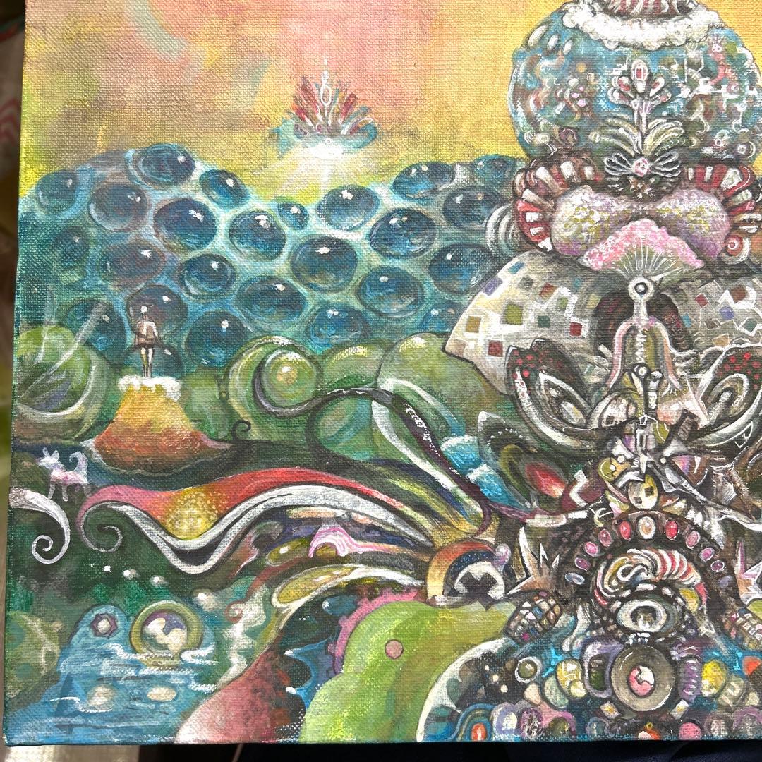 クジャクと地球　アクリル画　絵画