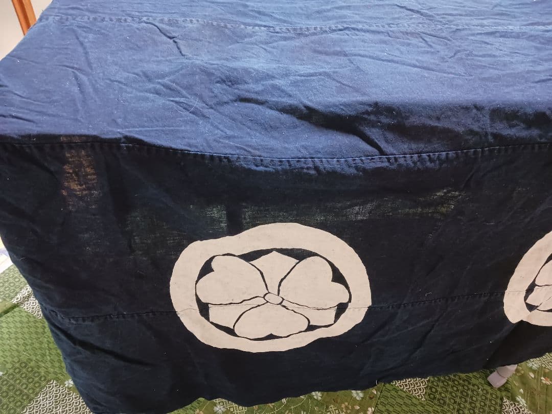 古布　油単　綿　濃紺　藍染　紋四つ　筒描き　一枚