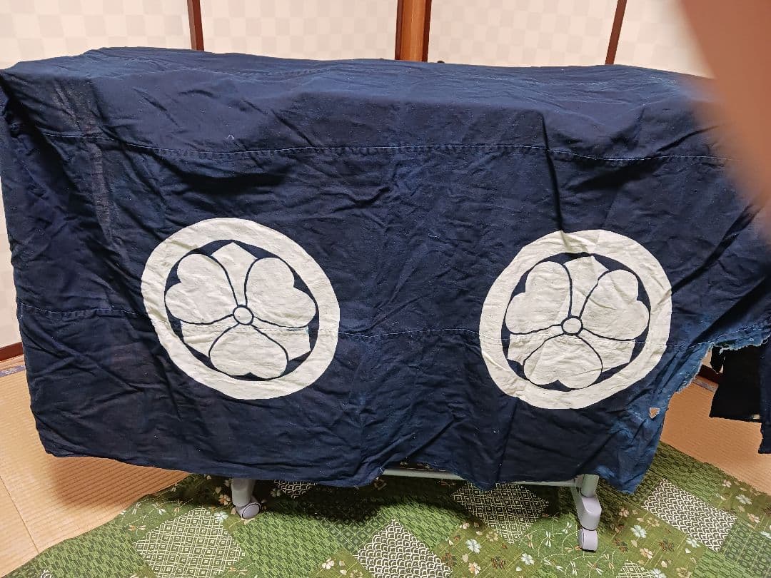 古布　油単　綿　濃紺　藍染　紋四つ　筒描き　一枚
