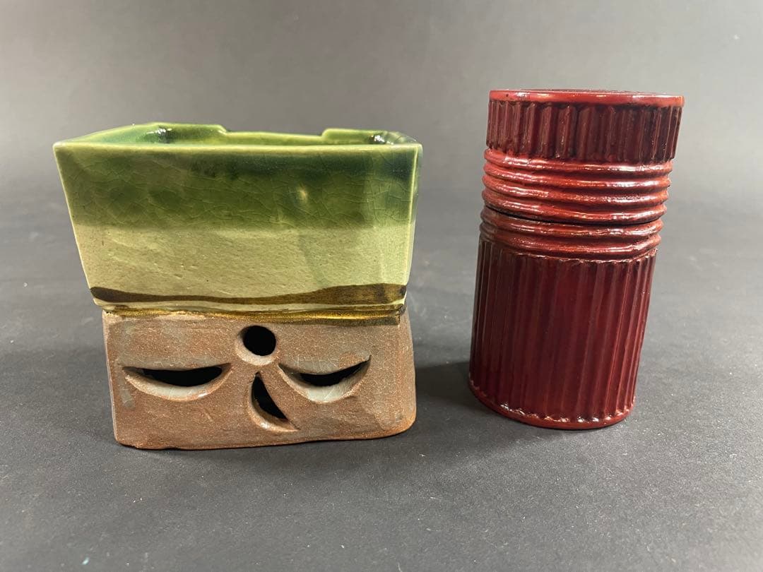 17 最終値下げ　和田鱗司 陶板入 唐物入 莨盆 共箱 竹網 煙草盆 竹工芸