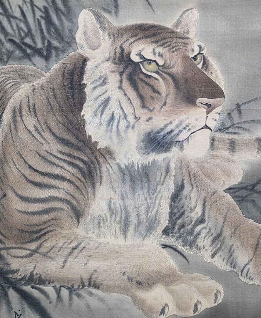 【月下に猛虎図】高原雅洲 2713 トラ 掛け軸 肉筆