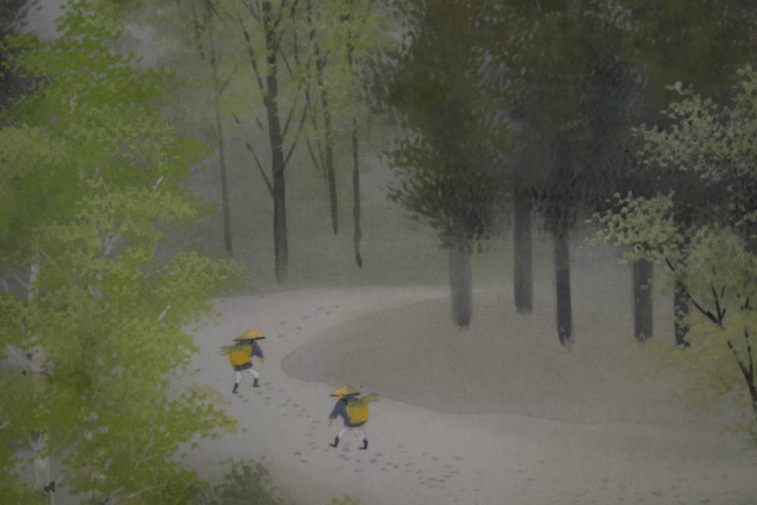 真作/小谷苔明/緑韻/早春図/桐共箱太巻二重箱付/布袋屋掛軸HE-928