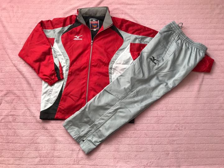 アシックス ウインドブレーカー 上下 冬用 赤&銀