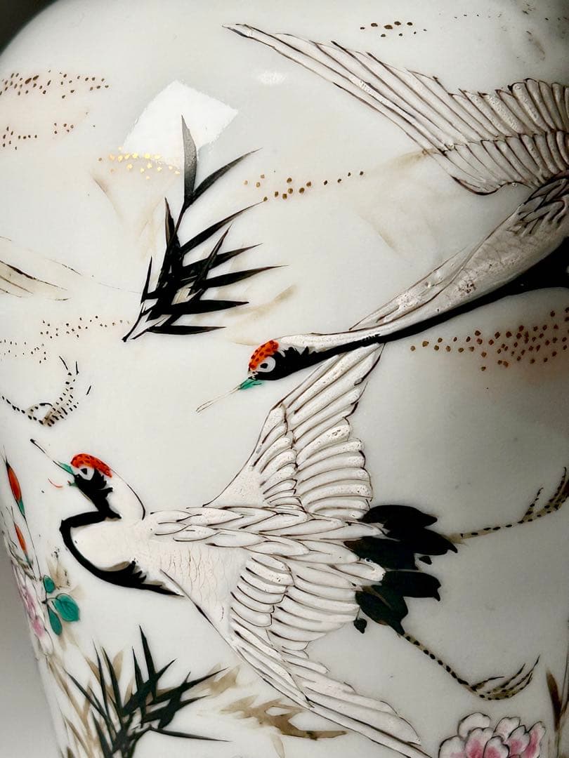 明治瀬戸の名工 加藤繁十 桃花園画 上絵飛鶴文花瓶 其の弍 名古屋絵付 瀬戸