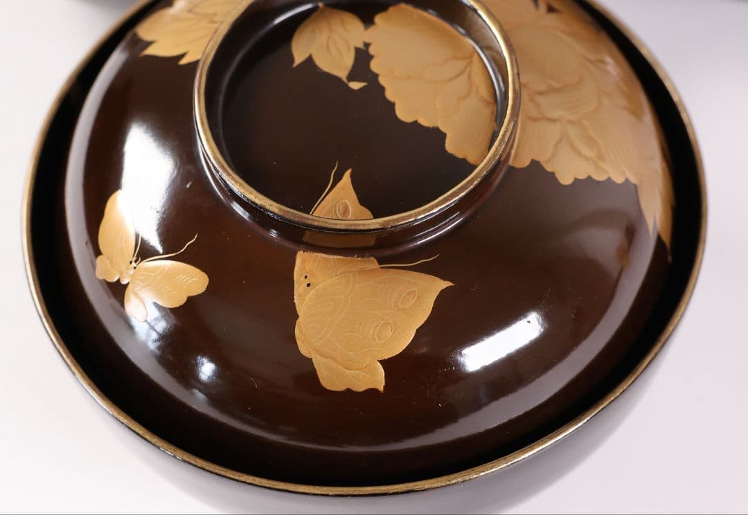 【CM415】訳あり 時代輪島 蝶と牡丹 黒塗椀 三客 天然木漆塗 明治大正