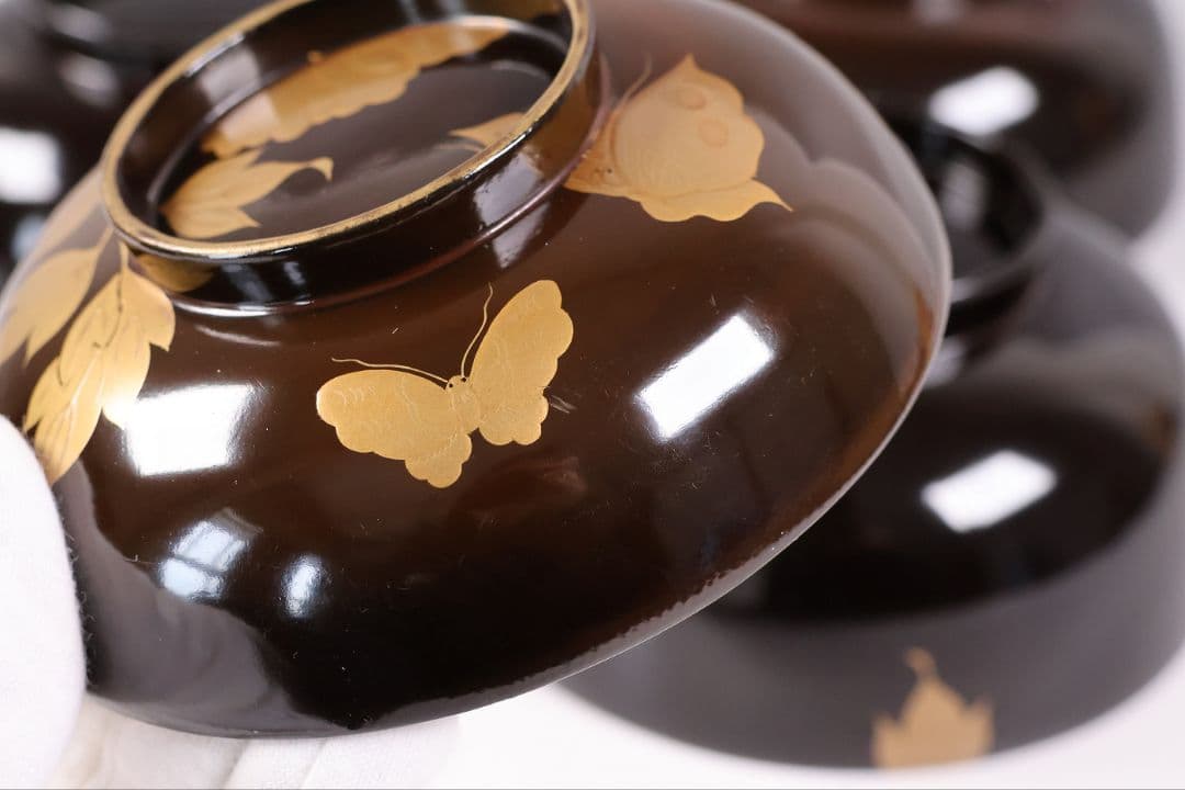 【CM415】訳あり 時代輪島 蝶と牡丹 黒塗椀 三客 天然木漆塗 明治大正