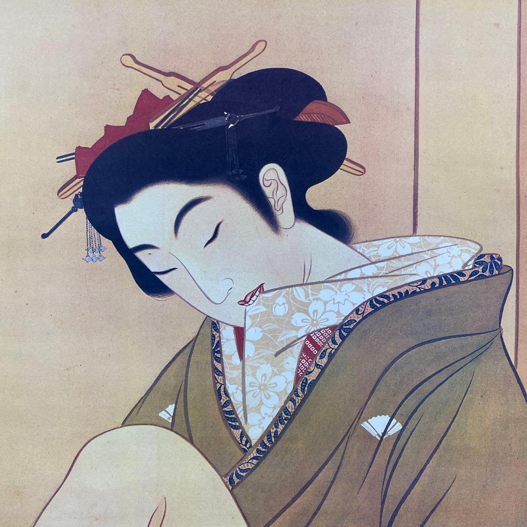 美品 掛け軸 葛飾北斎筆「春草」浮世絵美人 春画 名画 印刷