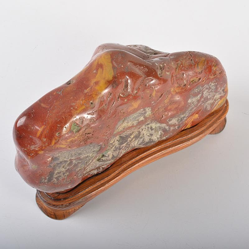 天然石　鑑賞石　佐渡赤玉石　赤石　置物　重さ約2.3㎏　唐木台付　V　R6490