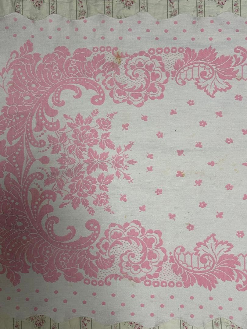 ヴィンテージアンティーク布　ピンク　水玉　テーブルクロス