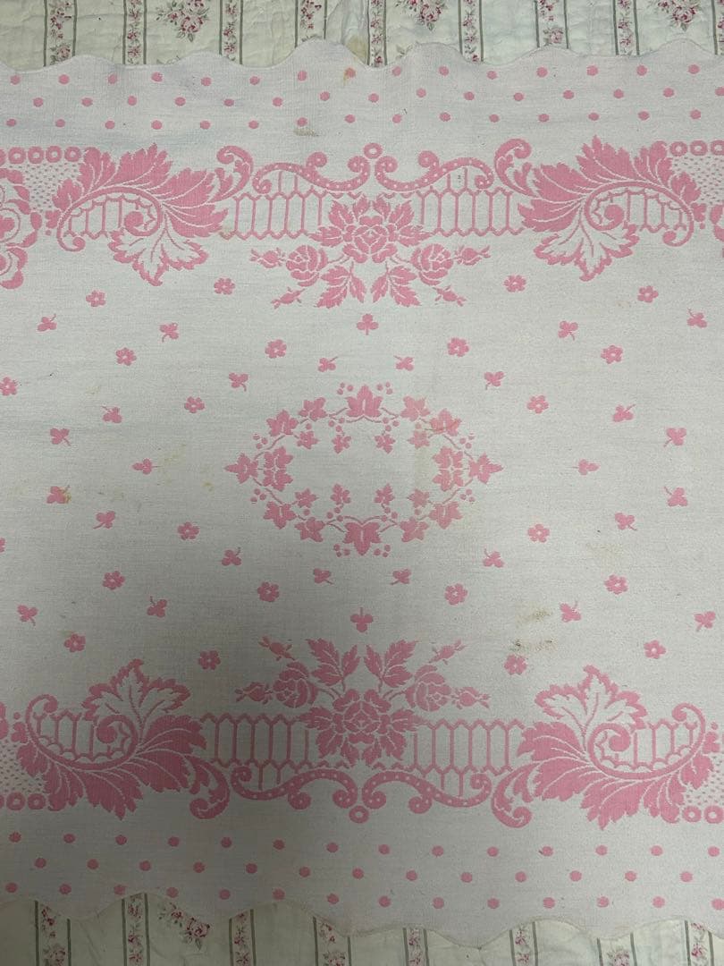 ヴィンテージアンティーク布　ピンク　水玉　テーブルクロス