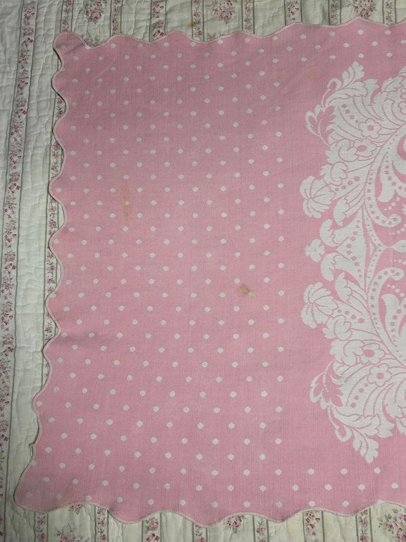 ヴィンテージアンティーク布　ピンク　水玉　テーブルクロス