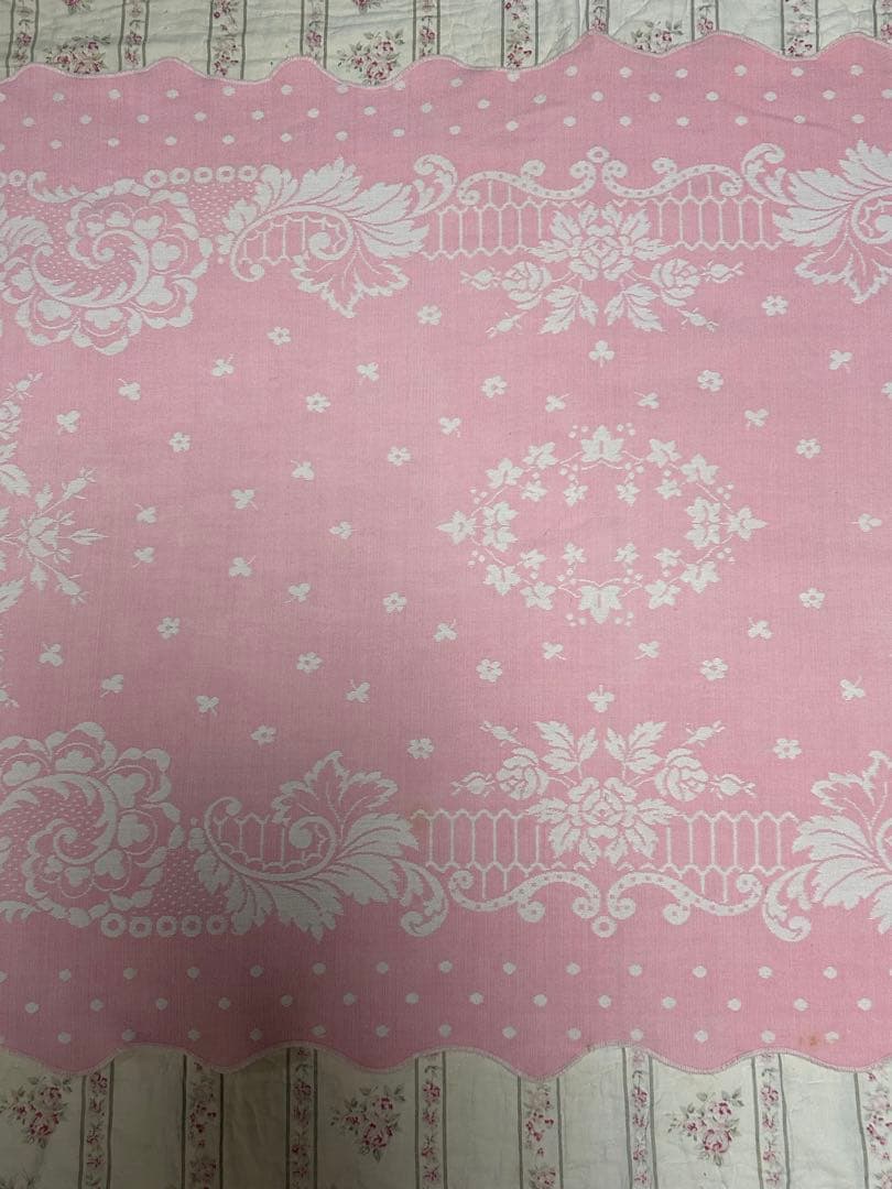 ヴィンテージアンティーク布　ピンク　水玉　テーブルクロス