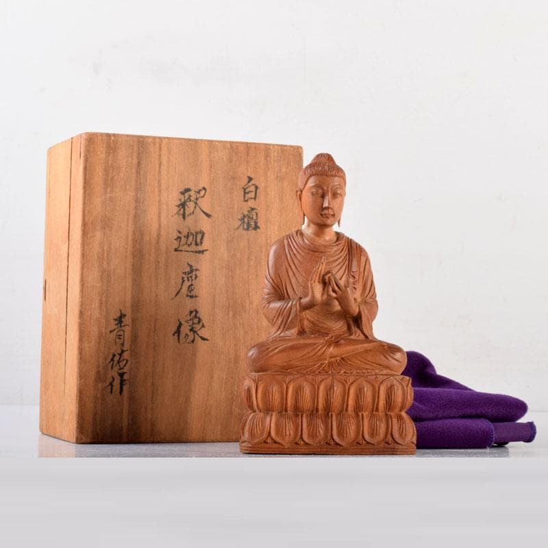 仏教美術　青佑作　白檀彫刻　釈迦座像　仏像　置物　共箱　C　7011