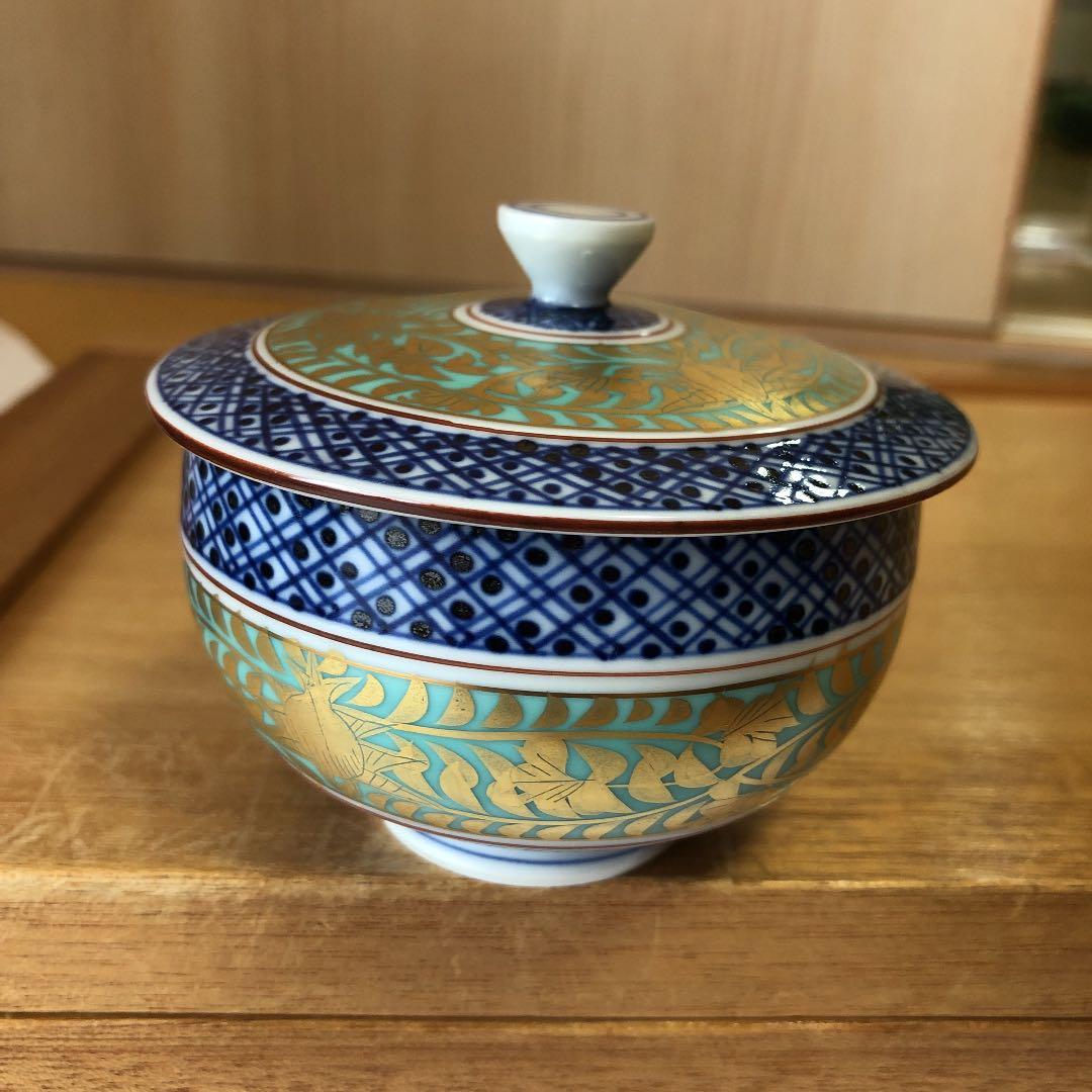 清水焼　京焼　五座五重　金襴青華蓋付汲出碗10客★