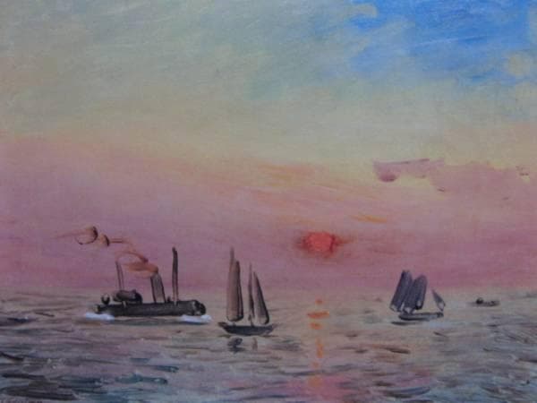 藤島武二、【港の朝陽】、希少画集画、新品高級額・額装付、状態良好