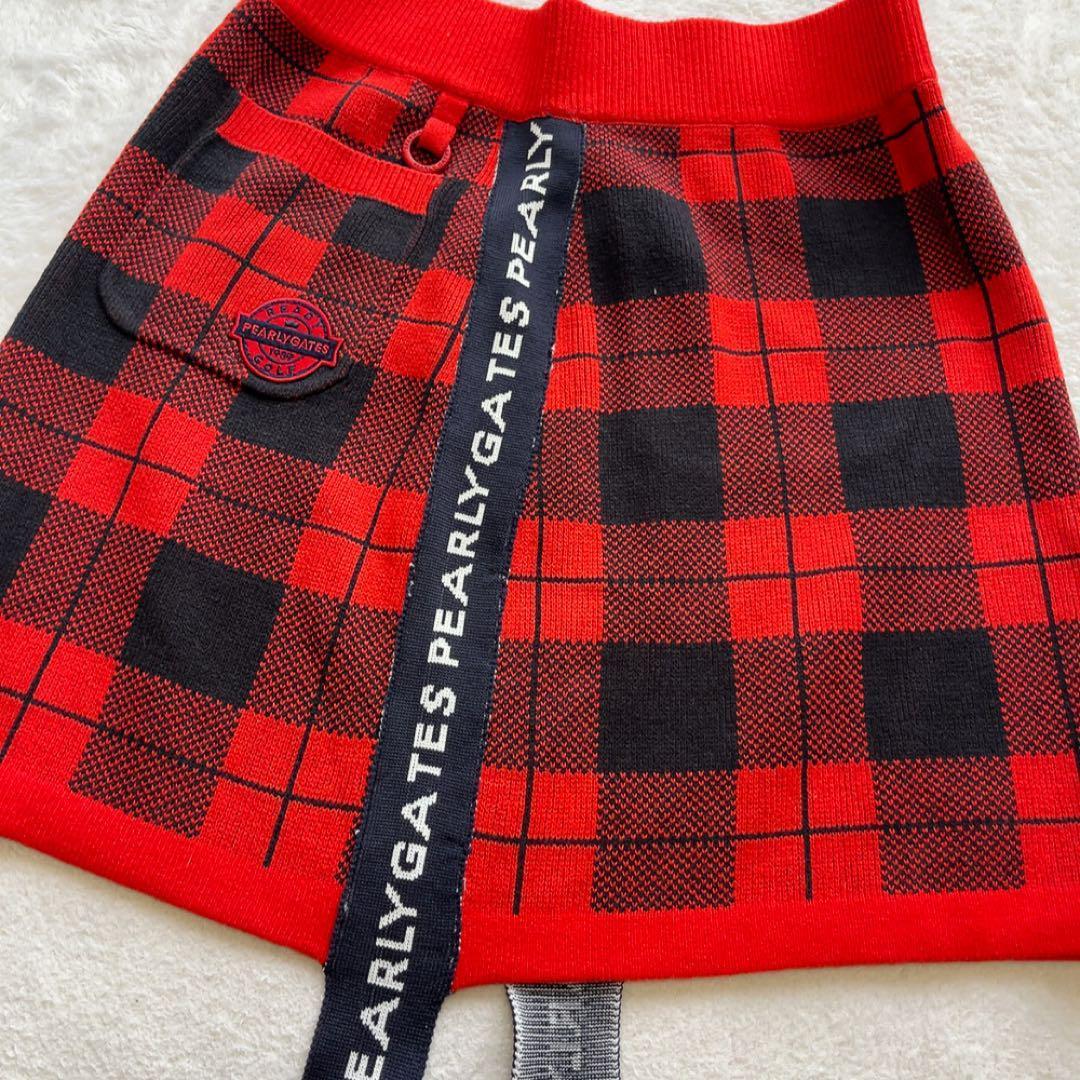 美品 パーリーゲイツ　セットアップ　モックネック　スカート　レッド　チェック