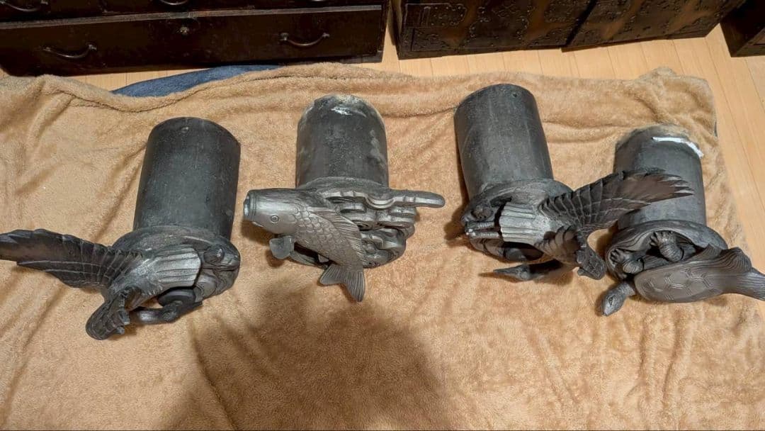 お*ん様 鬼瓦 棟飾り 飾り瓦 超希少品！鶴2羽、亀、鯉の 4点セット 縁起物