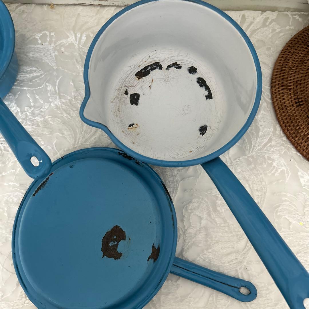 フランスアンティーク ホーロー ミルクパン ソースパン 片手鍋 蓋付 3点セット