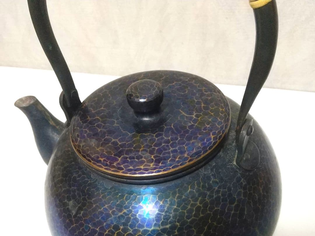 北越堂 湯沸 鎚起銅器 茶器　急須 青色金古銅製　銅器 木箱 しおり 【希少】