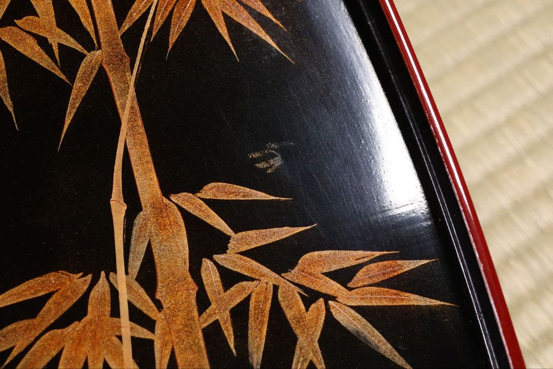 木製漆器 竹鶏蒔絵 吸物膳 五客 溜塗 黒塗 足付 四方膳 茶懐石 CM386